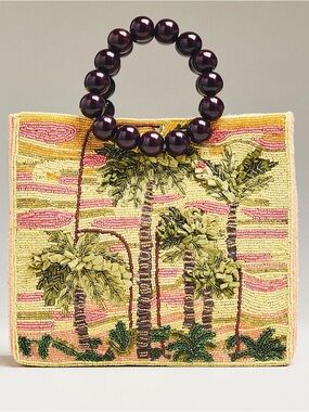 Anthropologie Beaded Palm Tree Bag Wood Handle Tropical Statement Purse NWT